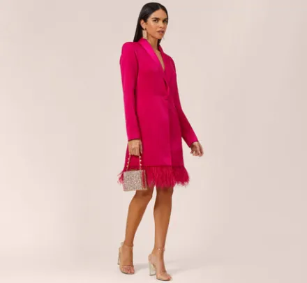 Adrianna Papell Wedding Guest Dresses*Charmeuse Tuxedo Short Sheath Cocktail Dress With Feather Trim In Bright Rose