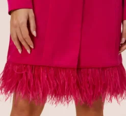 Adrianna Papell Wedding Guest Dresses*Charmeuse Tuxedo Short Sheath Cocktail Dress With Feather Trim In Bright Rose