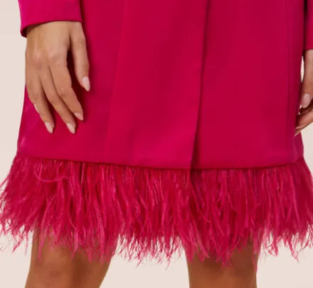Adrianna Papell Wedding Guest Dresses*Charmeuse Tuxedo Short Sheath Cocktail Dress With Feather Trim In Bright Rose