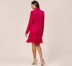 Adrianna Papell Wedding Guest Dresses*Charmeuse Tuxedo Short Sheath Cocktail Dress With Feather Trim In Bright Rose