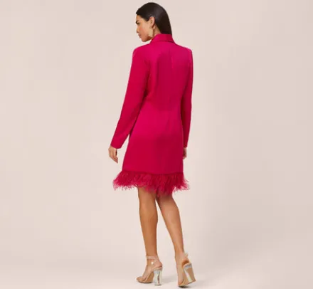 Adrianna Papell Wedding Guest Dresses*Charmeuse Tuxedo Short Sheath Cocktail Dress With Feather Trim In Bright Rose