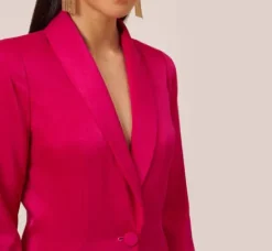 Adrianna Papell Wedding Guest Dresses*Charmeuse Tuxedo Short Sheath Cocktail Dress With Feather Trim In Bright Rose
