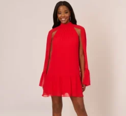 Adrianna Papell Wedding Guest Dresses|Ap Exclusives*Chiffon Cape Sheath Dress With Ruffle Details In Red Crush