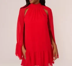 Adrianna Papell Wedding Guest Dresses|Ap Exclusives*Chiffon Cape Sheath Dress With Ruffle Details In Red Crush