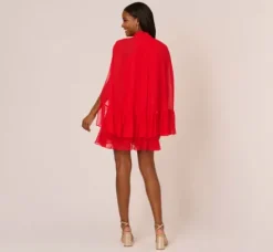 Adrianna Papell Wedding Guest Dresses|Ap Exclusives*Chiffon Cape Sheath Dress With Ruffle Details In Red Crush