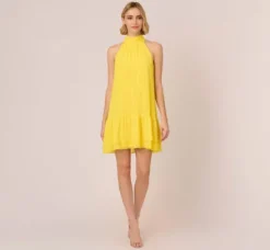Adrianna Papell Wedding Guest Dresses|Day Dresses*Chiffon Mock Neck Trapeze Dress With Flounce Hem In Hyper Yellow