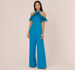 Adrianna Papell Jumpsuits*Cold Shoulder Stretch Crepe Jumpsuit With Feather Trim In Deep Cerulean