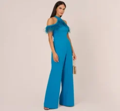 Adrianna Papell Jumpsuits*Cold Shoulder Stretch Crepe Jumpsuit With Feather Trim In Deep Cerulean