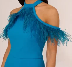 Adrianna Papell Jumpsuits*Cold Shoulder Stretch Crepe Jumpsuit With Feather Trim In Deep Cerulean