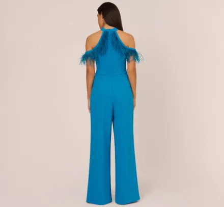 Adrianna Papell Jumpsuits*Cold Shoulder Stretch Crepe Jumpsuit With Feather Trim In Deep Cerulean