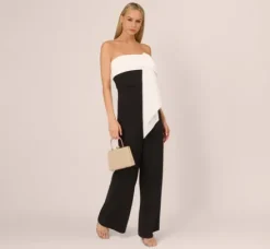 Adrianna Papell Jumpsuits*Colorblock Crepe Strapless Jumpsuit With Bow Accent In Black White
