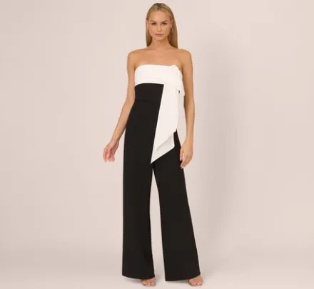 Adrianna Papell Jumpsuits*Colorblock Crepe Strapless Jumpsuit With Bow Accent In Black White