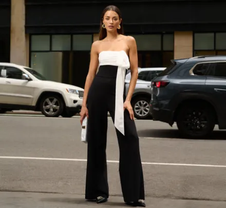 Adrianna Papell Jumpsuits*Colorblock Crepe Strapless Jumpsuit With Bow Accent In Black White