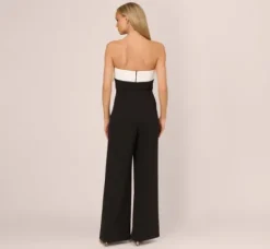 Adrianna Papell Jumpsuits*Colorblock Crepe Strapless Jumpsuit With Bow Accent In Black White