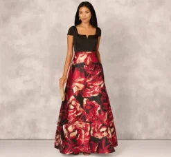 Adrianna Papell Wedding Guest Dresses|Formal Dresses*Combo Fabric Cap Sleeve Gown In Black Red Multi