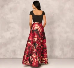 Adrianna Papell Wedding Guest Dresses|Formal Dresses*Combo Fabric Cap Sleeve Gown In Black Red Multi