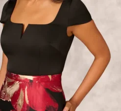 Adrianna Papell Wedding Guest Dresses|Formal Dresses*Combo Fabric Cap Sleeve Gown In Black Red Multi