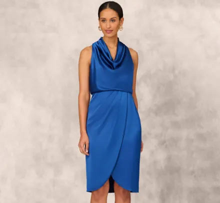 Adrianna Papell Wedding Guest Dresses|Grandmother Of The Bride & Groom*Cowl Neck Cocktail Dress With Front Draped Skirt In Deep Ocean