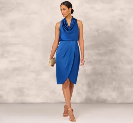 Adrianna Papell Wedding Guest Dresses|Grandmother Of The Bride & Groom*Cowl Neck Cocktail Dress With Front Draped Skirt In Deep Ocean
