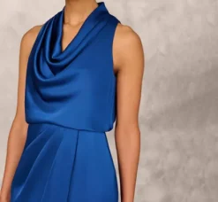 Adrianna Papell Wedding Guest Dresses|Grandmother Of The Bride & Groom*Cowl Neck Cocktail Dress With Front Draped Skirt In Deep Ocean