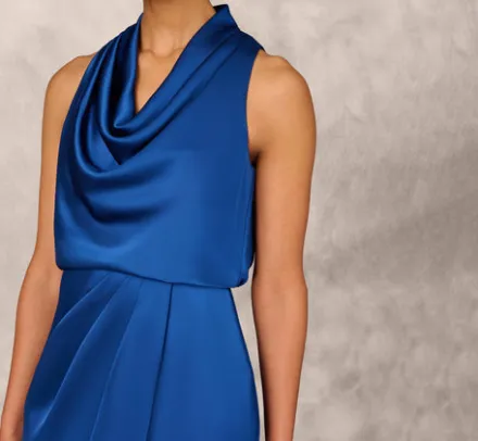 Adrianna Papell Wedding Guest Dresses|Grandmother Of The Bride & Groom*Cowl Neck Cocktail Dress With Front Draped Skirt In Deep Ocean