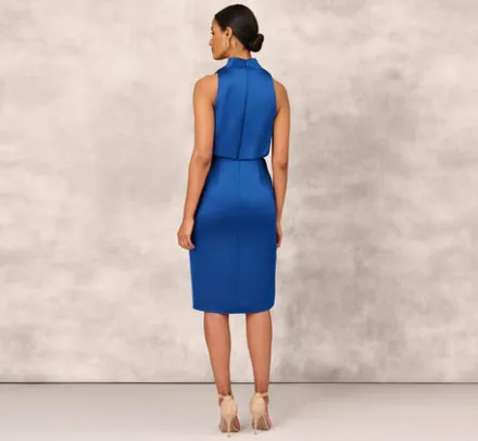 Adrianna Papell Wedding Guest Dresses|Grandmother Of The Bride & Groom*Cowl Neck Cocktail Dress With Front Draped Skirt In Deep Ocean
