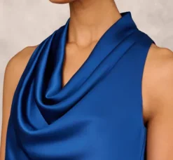 Adrianna Papell Wedding Guest Dresses|Grandmother Of The Bride & Groom*Cowl Neck Cocktail Dress With Front Draped Skirt In Deep Ocean