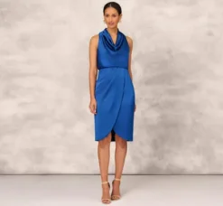 Adrianna Papell Wedding Guest Dresses|Grandmother Of The Bride & Groom*Cowl Neck Cocktail Dress With Front Draped Skirt In Deep Ocean