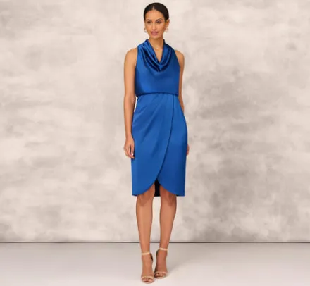 Adrianna Papell Wedding Guest Dresses|Grandmother Of The Bride & Groom*Cowl Neck Cocktail Dress With Front Draped Skirt In Deep Ocean