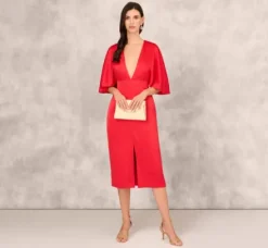 Adrianna Papell Wedding Guest Dresses|Petite-Friendly*Crepe Back Satin Midi Dress With Flutter Sleeves In Chateau Red