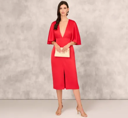 Adrianna Papell Wedding Guest Dresses|Petite-Friendly*Crepe Back Satin Midi Dress With Flutter Sleeves In Chateau Red