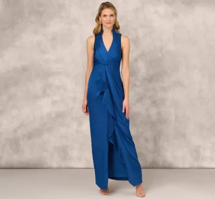 Adrianna Papell Wedding Guest Dresses|Formal Dresses*Crepe Back Satin Sleeveless Gown With Ruffle Accent In Deep Ocean
