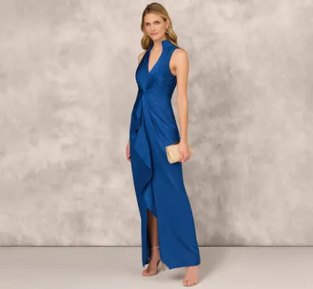 Adrianna Papell Wedding Guest Dresses|Formal Dresses*Crepe Back Satin Sleeveless Gown With Ruffle Accent In Deep Ocean