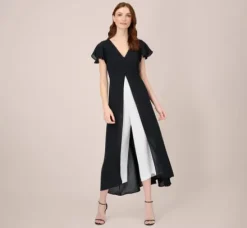 Adrianna Papell Jumpsuits|Day Dresses*Crepe Cropped Jumpsuit With Gauze Overlay In Black Ivory
