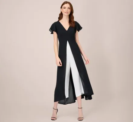 Adrianna Papell Jumpsuits|Day Dresses*Crepe Cropped Jumpsuit With Gauze Overlay In Black Ivory