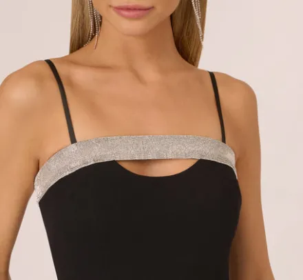 Adrianna Papell Wedding Guest Dresses*Crepe Dress With Spaghetti Straps And Rhinestone Neckline In