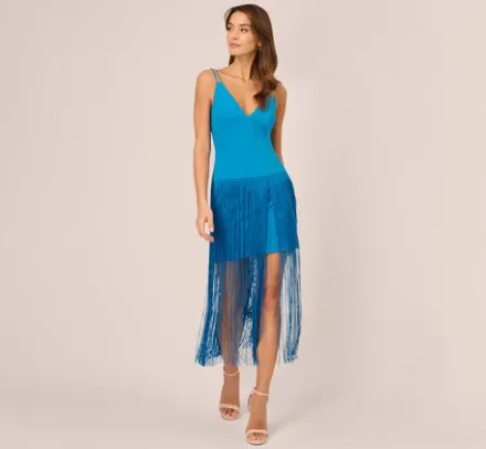 Adrianna Papell Wedding Guest Dresses*Crepe Fringe Dress With Double Spaghetti Straps And V Back In Deep Cerulean