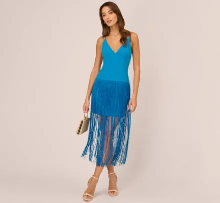 Adrianna Papell Wedding Guest Dresses*Crepe Fringe Dress With Double Spaghetti Straps And V Back In Deep Cerulean