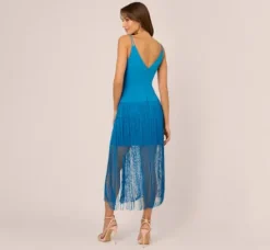 Adrianna Papell Wedding Guest Dresses*Crepe Fringe Dress With Double Spaghetti Straps And V Back In Deep Cerulean