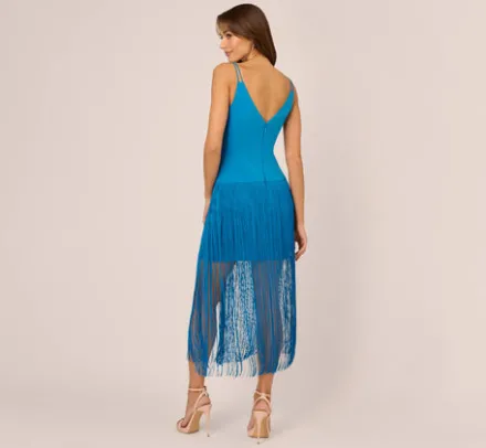 Adrianna Papell Wedding Guest Dresses*Crepe Fringe Dress With Double Spaghetti Straps And V Back In Deep Cerulean
