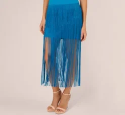 Adrianna Papell Wedding Guest Dresses*Crepe Fringe Dress With Double Spaghetti Straps And V Back In Deep Cerulean