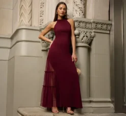 Adrianna Papell Wedding Guest Dresses|Formal Dresses*Crepe Halter Gown With Sheer Ruffled Mesh Skirt In Blackened Red
