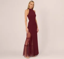 Adrianna Papell Wedding Guest Dresses|Formal Dresses*Crepe Halter Gown With Sheer Ruffled Mesh Skirt In Blackened Red
