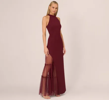 Adrianna Papell Wedding Guest Dresses|Formal Dresses*Crepe Halter Gown With Sheer Ruffled Mesh Skirt In Blackened Red