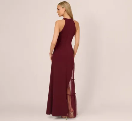 Adrianna Papell Wedding Guest Dresses|Formal Dresses*Crepe Halter Gown With Sheer Ruffled Mesh Skirt In Blackened Red