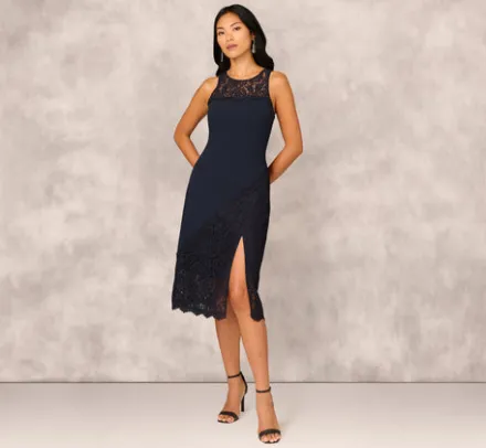Adrianna Papell Wedding Guest Dresses|Petite-Friendly*Crepe Lace Midi Dress In