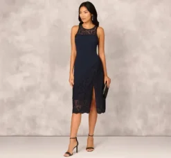 Adrianna Papell Wedding Guest Dresses|Petite-Friendly*Crepe Lace Midi Dress In