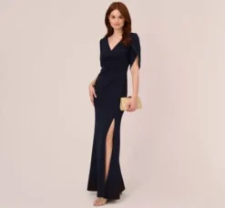 Adrianna Papell Wedding Guest Dresses|Formal Dresses*Crepe Mermaid Gown With Pearl Trim Short Sleeves In