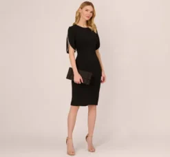 Adrianna Papell Wedding Guest Dresses|Day Dresses*Crepe Midi Length Sheath Dress With Pearl Trimmed Sleeves In