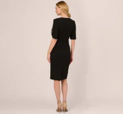 Adrianna Papell Wedding Guest Dresses|Day Dresses*Crepe Midi Length Sheath Dress With Pearl Trimmed Sleeves In